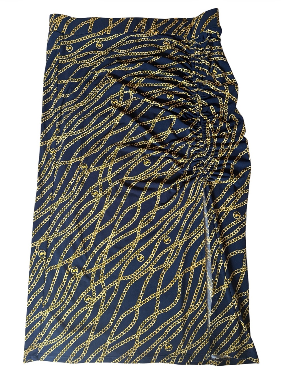 Michael Kors Navy Blue and Gold Skirt, Logo Print and Side Cut
